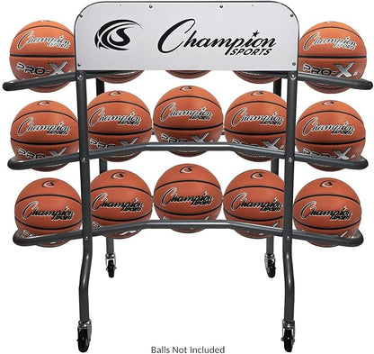 Champion Sports Deluxe Heavy Duty Basketball Storage Cart with Locking Swivel Caster Wheels (Black)