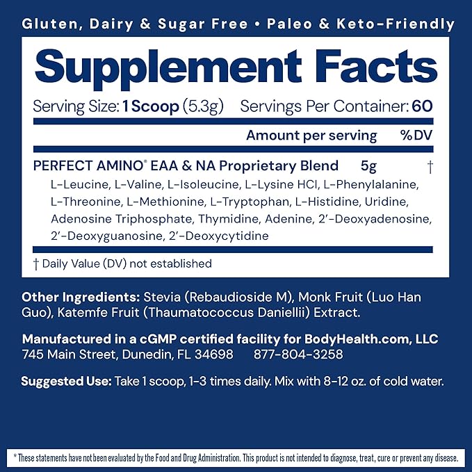 BodyHealth PerfectAmino Powder - BCAA and EAA Powder for Pre and Post Workout - Amino Acid Energy