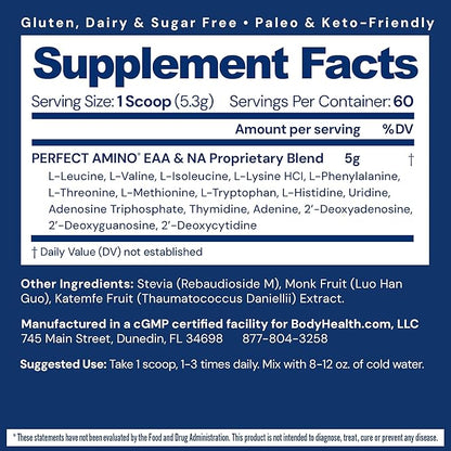 BodyHealth PerfectAmino Powder - BCAA and EAA Powder for Pre and Post Workout - Amino Acid Energy
