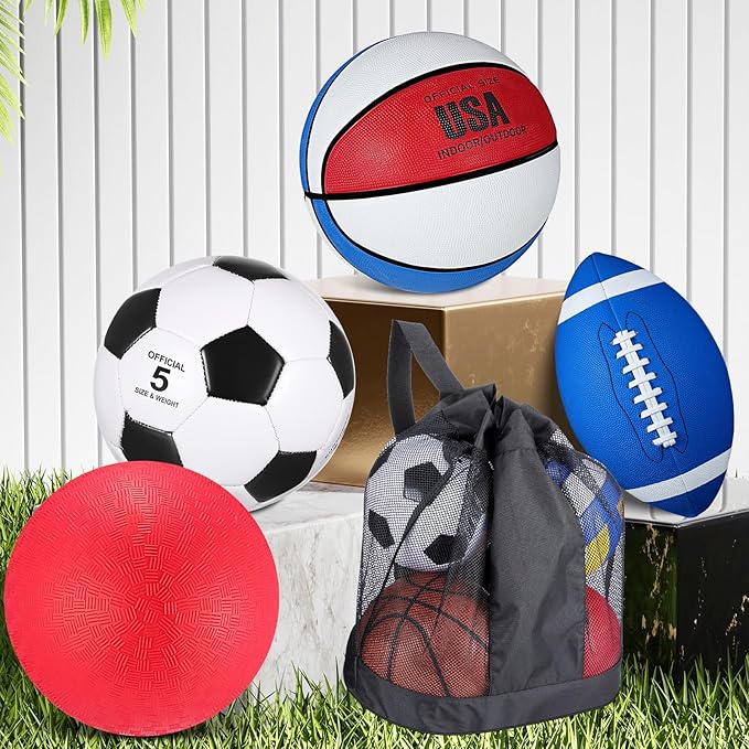 Lenwen 4 Pcs Sports Balls Set, Include Official Size Basketball Soccer Football Playground Ball