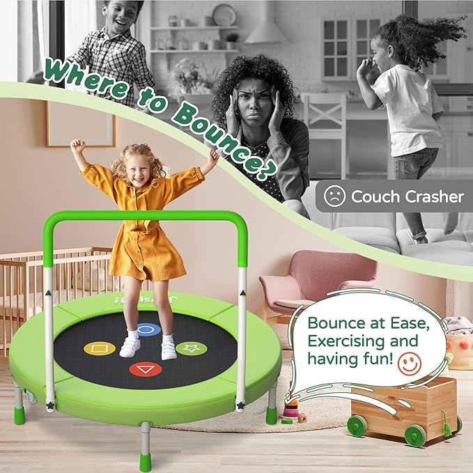 3FT Toddler Trampoline with Adjustable Handlebar, 36" Foldable & Spring-Free, Mini Kids Indoor