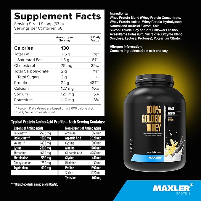 Maxler 100% Golden Whey Protein - 24g of Protein per Serving - Premium Whey Protein Powder for Pre
