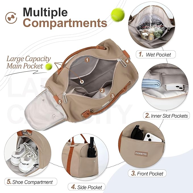 FIORETTO Womens Gym Tote Duffle Weekender Bag with Wet Pocket & Shoe Compartment, Ideal for Travel