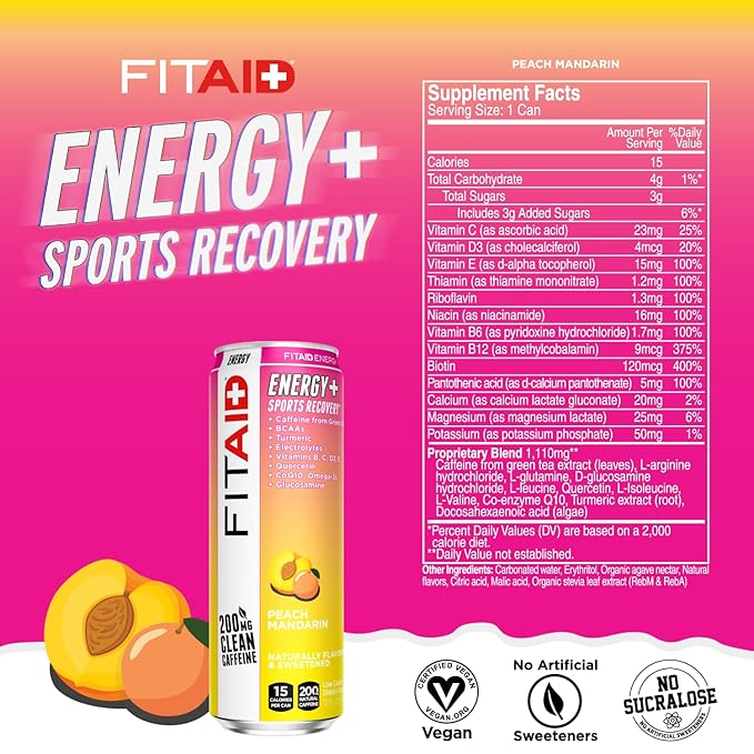 FITAID ENERGY, 200mg Natural Caffeine, Keto, Peach Mandarin, Optimum Performance Formula: BCAAs