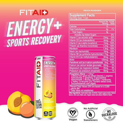 FITAID ENERGY, 200mg Natural Caffeine, Keto, Peach Mandarin, Optimum Performance Formula: BCAAs