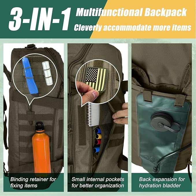 55L Large Travel Gym Duffle Bag Military Tactical Backpack, Army Pack 3 Day Bug Out Bag Rucksack