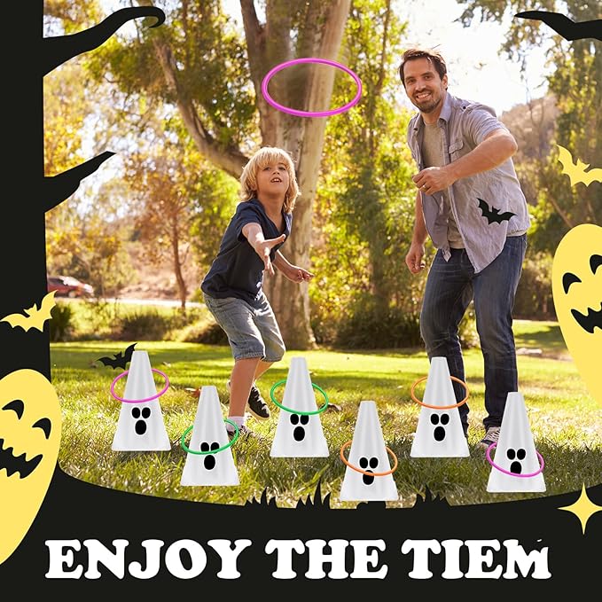 24 PcsHalloween Ring Toss Game Outdoor Carnival Party Games Include 6 Plastic Cones 18 Toss Rings