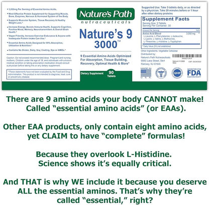 Nature's 9 3000 Essential Amino Acids Supplement, Best EAA Amino Acid Complex All 9 Essential Amino
