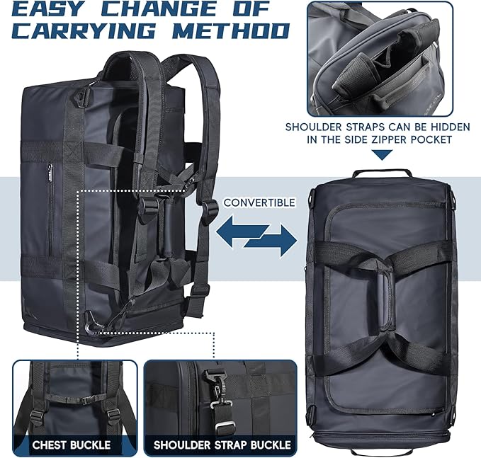Duffle Backpack Heavy Duty Gym Bag for Men, 50L Convertible Travel Duffel Water Resistant Large