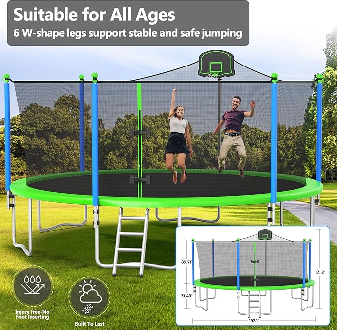 Upgraded 10/12/14/15/16FT Trampoline Outdoor, Large Kids Trampoline with Light, Stakes, Sprinkler