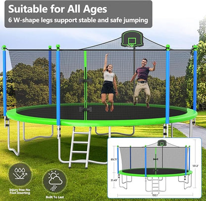 Upgraded 10/12/14/15/16FT Trampoline Outdoor, Large Kids Trampoline with Light, Stakes, Sprinkler