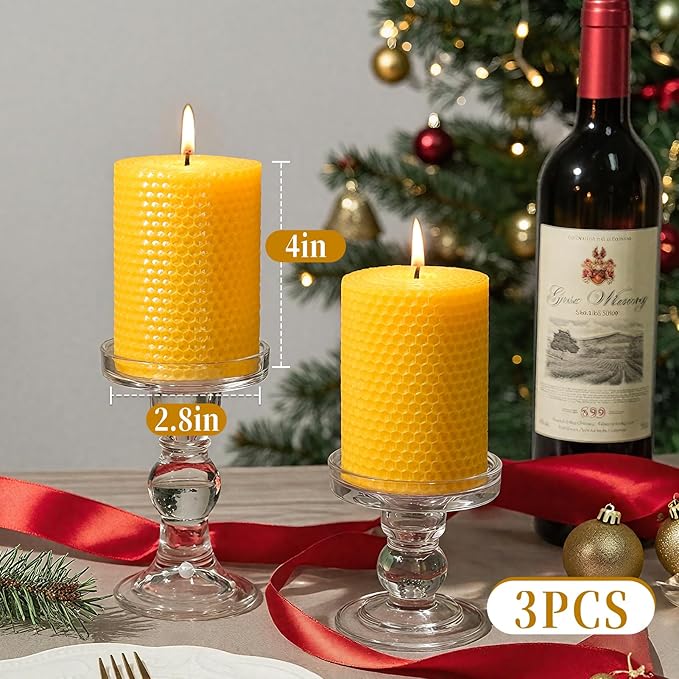 3 Pack Natural Beeswax Pillar Candles,2.8x4in Handmade Beeswax Rolled Candles,96 Hours Long Burning