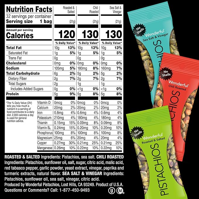 Wonderful Pistachios No Shells, 3 Flavors Mixed Variety Pack of 32 (0.75 Ounce), Roasted & Salted