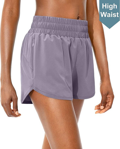 SANTINY Women's Running Shorts with Zip Pockets High Waisted Athletic Workout Gym Shorts for Women