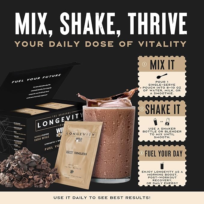WILD SOCIETY Longevity Shake - Anti Aging Supplement - Protein Powder for Muscle Retention &