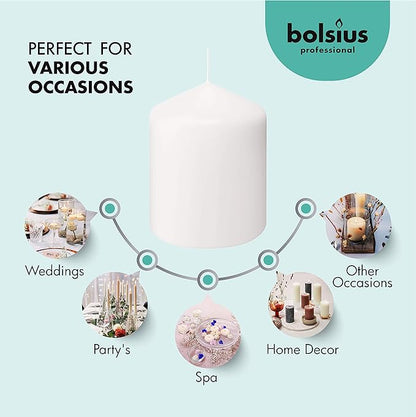 BOLSIUS 6 White Pillar Candles Bulk - 3x4 Inches Candle Set - 40+ Hours Clean Burning - No Palm Oil