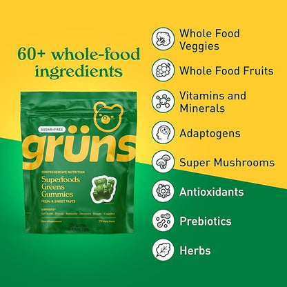 Gruns Adult Sugar-Free Super Greens Gummies, Superfood Gummy Bears with Spirulina, Chlorella, Fiber
