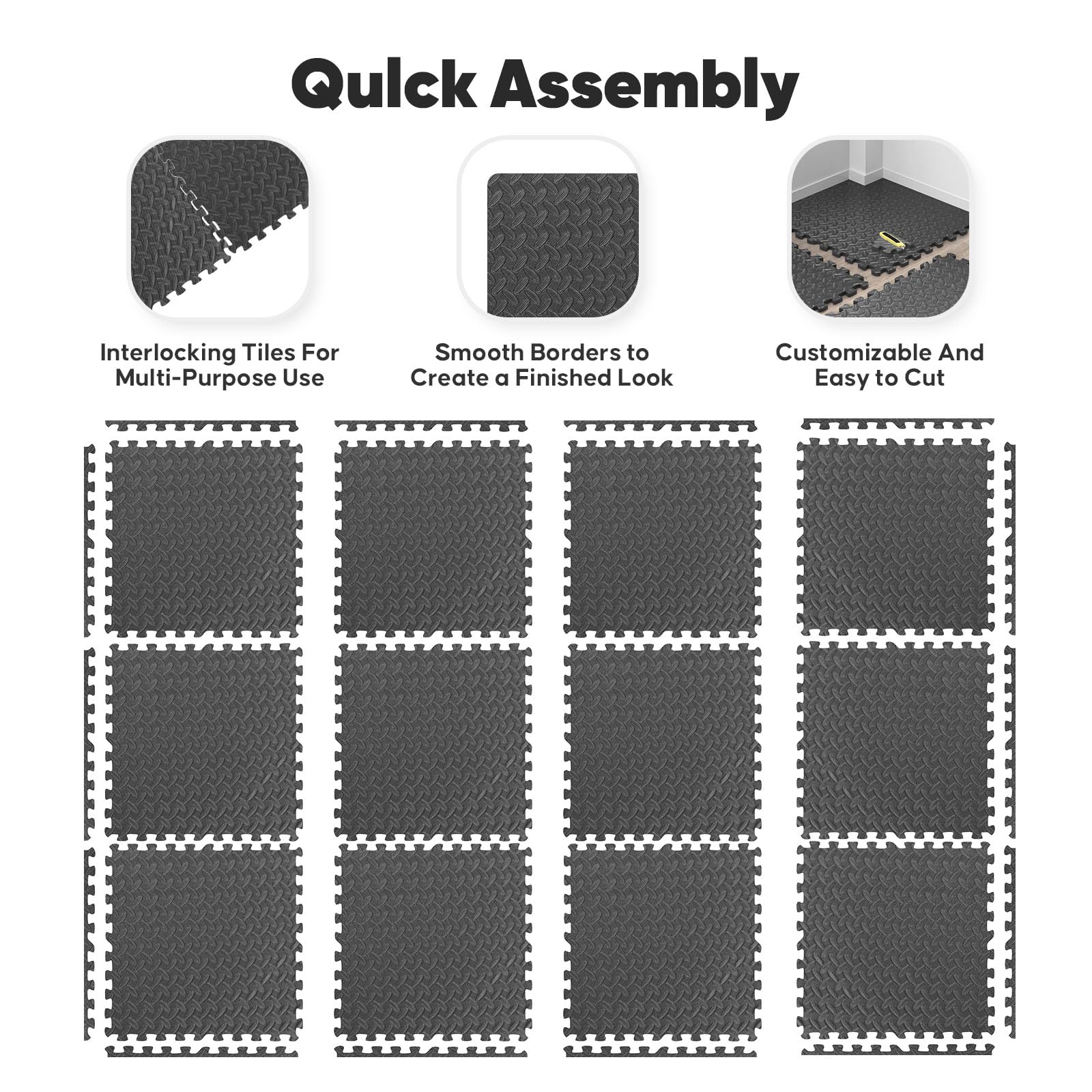 12 Pack 48 sqft Home Gym Mat, Puzzle Exercise Mat, EVA Interlocking Foam Floor Tiles for Home