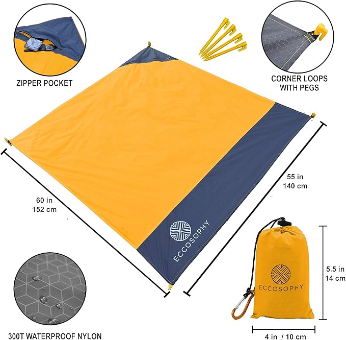 ECCOSOPHY Sand Proof Beach Blanket - Waterproof Picnic Blanket 60x55 Outdoor Compact Pocket Blanket