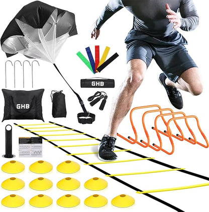 GHB Agility Ladder,Football Training Equipment Set,4 Agility Hurdles, 20 feet12 Rungs Speed