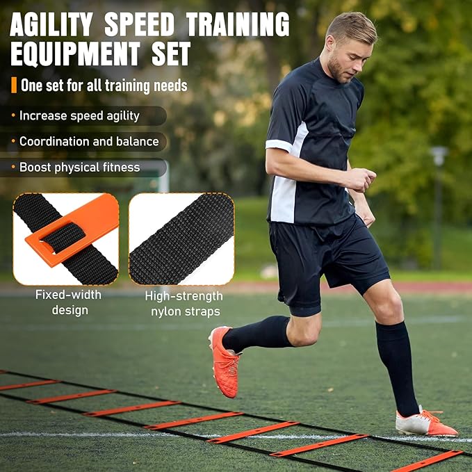 Agility Ladder, Speed Training Equipment Set, 20ft Agility Ladder, 12 Soccer Cones, 4 Hurdles, Jump