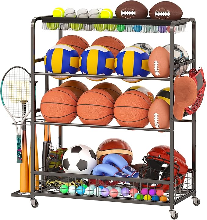 Garage Sports Equipment Storage Rack,Wheeled Sports Ball Storage Box,Double-Tier Double-Row