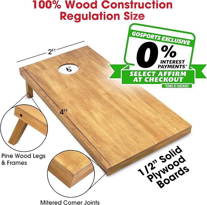 GoSports 4 ft x 2 ft Regulation Size Wooden Cornhole Boards Set - Includes Carrying Case - Full