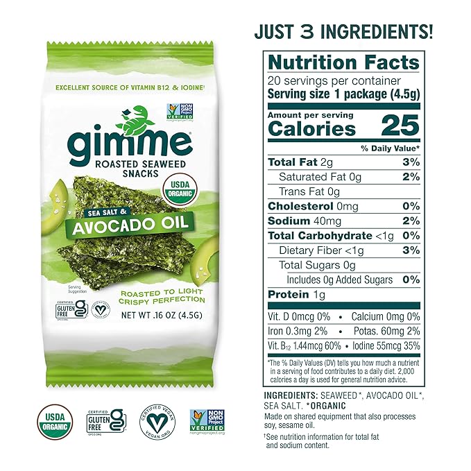 Gimme Seaweed Organic Premium Roasted Seaweed Snacks, Sea Salt & Avocado Oil, 20 Count, Keto