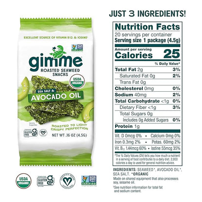 Gimme Seaweed Organic Premium Roasted Seaweed Snacks, Sea Salt & Avocado Oil, 20 Count, Keto