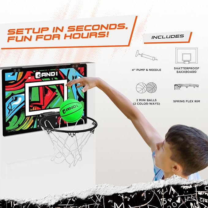 AND1 Over the Door Mini Basketball Hoop: 18x12 Shatterproof Backboard, 2 Mini Basketballs, and Hand