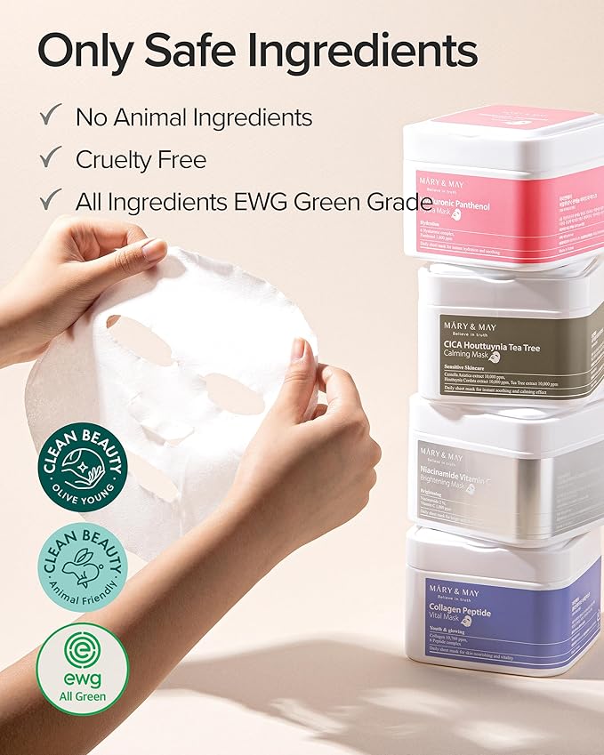 Mary&May Collagen Peptide Vital Mask | 30 Sheets | Daily Korean Face Mask | Firming & Wrinkle Care