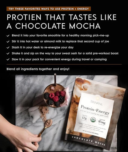 Truvani Protein + Energy Drink Mix with 87mg Caffeine | Chocolate Mocha | 12g Organic Plant Based