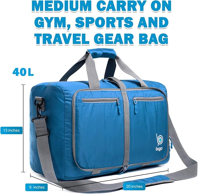 Bago Foldable Duffel Bags for Traveling Women & Men - 40L Sports Packable Duffle Bag for Travel