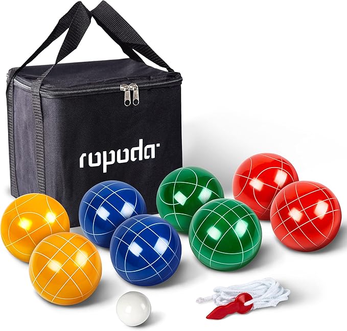 ropoda 90mm Bocce Ball Set with 8 Polyresin Balls, Pallino, Case and Measuring Rope for