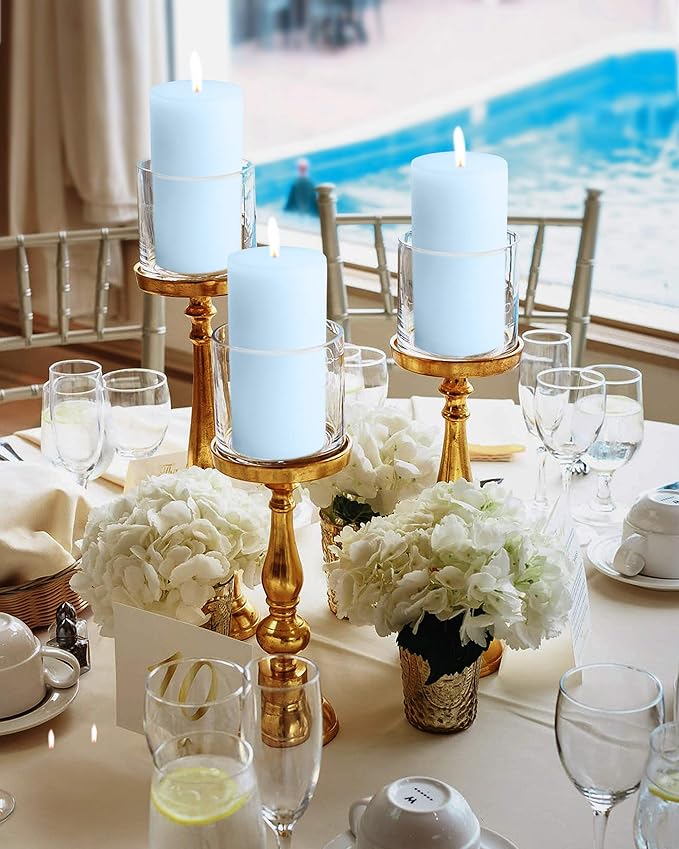 Mottled Pillar Candles by Bask - Set of 6-3" x 6" Dripless Unscented Candles in Light Blue for Home