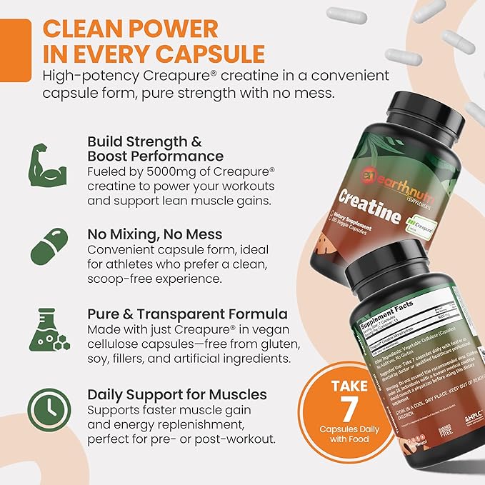 EarthNutri Creatine Monohydrate Capsules - Micronized for Better Absorption - Supports Muscle