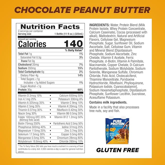 Pure Protein Protein Shake, 30g Complete Protein, Ready to Drink and Keto-Friendly, Vitamins A, C