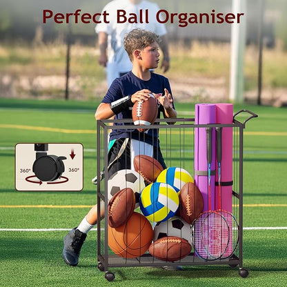 Ball Storage Bin Rolling Sports Ball Cart, Metal Garage Organizer Sport Rack, Ball Basket Storage