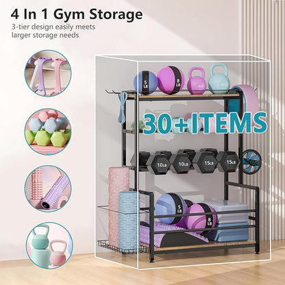 Gym Home Equipment Weight Rack – 3‑Tier Workout Storage Stand for Dumbbells & Kettlebells, Medicine