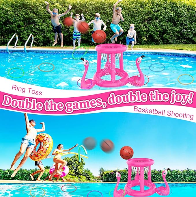 Pool Floats Toys Set, 2-in-1 Floating Basketball Hoops & Pool Ring Toss, Fun Summer Water Games for