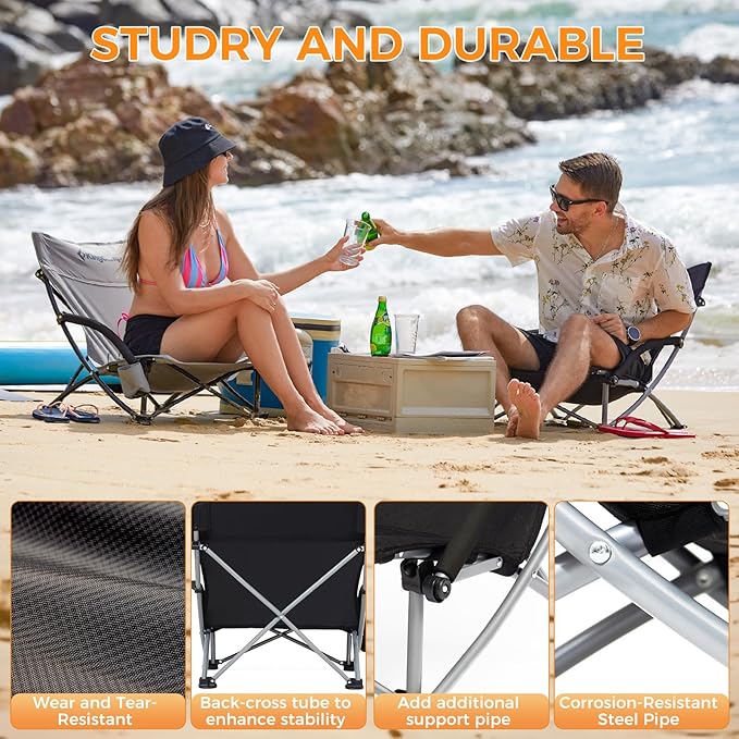 KingCamp Low Beach Chairs, Portable Folding Chair for Adults Extra Wide Ergonomic High Back Seat