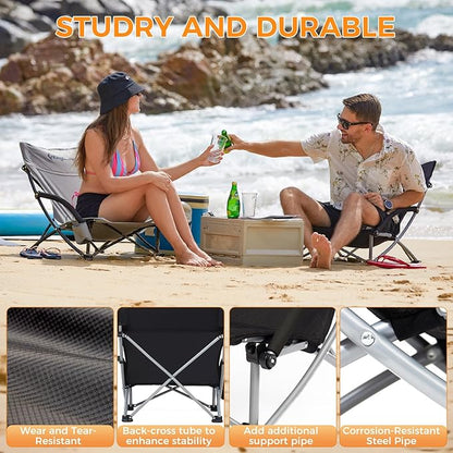 KingCamp Low Beach Chairs, Portable Folding Chair for Adults Extra Wide Ergonomic High Back Seat