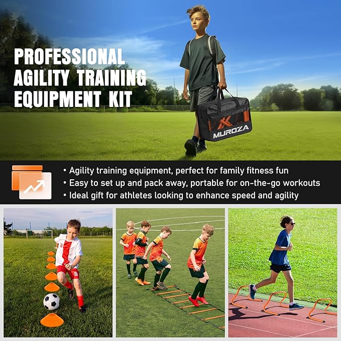 Agility Ladder, Speed Training Equipment Set, 20ft Agility Ladder, 12 Soccer Cones, 4 Hurdles, Jump