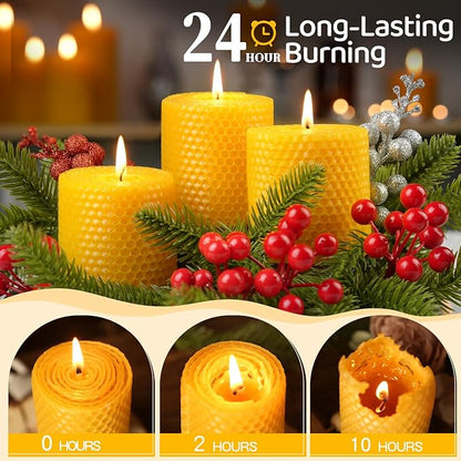 Hand-Rolled Beeswax Candles,2.8x3in-6PCS,All Natural Honeycomb Beeswax Pillar Candles,144 Hours
