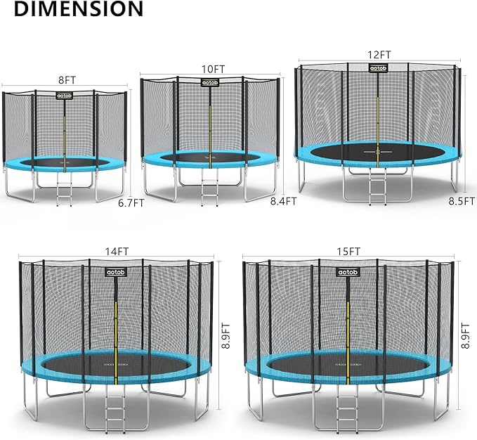 AOTOB 8FT 10FT 12FT 14 FT 15FT Trampoline with Safety Enclosure Net，Outdoor Trampoline with