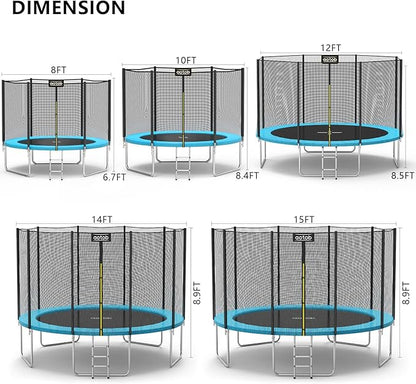 AOTOB 8FT 10FT 12FT 14 FT 15FT Trampoline with Safety Enclosure Net，Outdoor Trampoline with