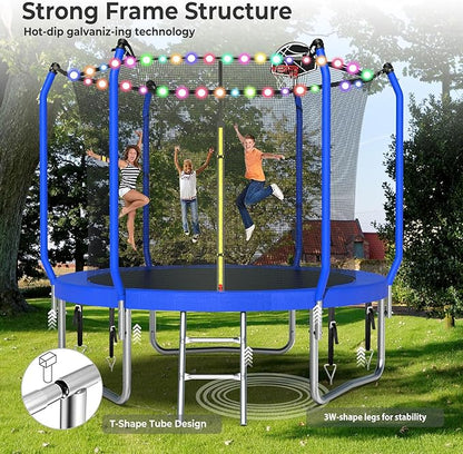 Upgraded Trampoline 8FT/10FT/12FT/14FT With Basketball Hoop, Light, Sprinkler, Stakes - Outdoor