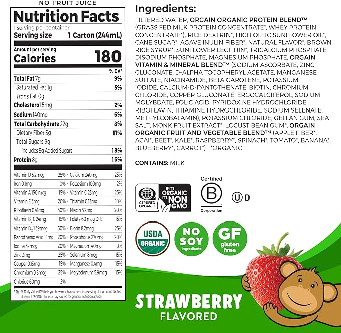 Orgain Organic Kids Protein Nutritional Shake, Strawberry - 8g of Protein, 22 Vitamins & Minerals