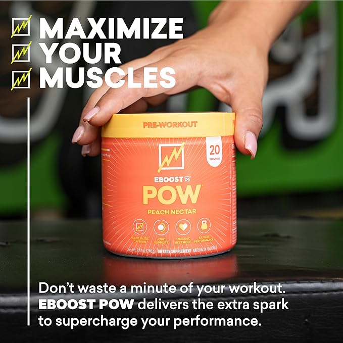 EBOOST POW Natural Pre Workout Powder - 20 Servings, Peach Nectar - Preworkout Energy Booster Gym