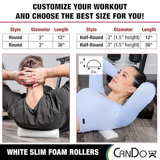 CanDo Slim White PE Foam Rollers for Exercise, Fitness, Muscle Restoration, Massage Therapy, Sport
